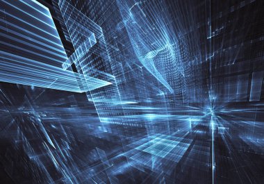 Geleceğin teknolojisi arka plan - 3d görüntü bilgisayar tarafından oluşturulan soyut. Fractal sanat: cam oda ya da ışık efektleri ile gerçeküstü şehrin cadde. Yüksek teknoloji veya sanal gerçeklik kavramı.