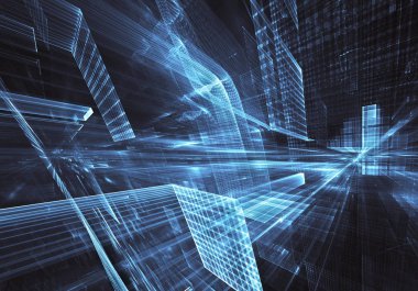 Geleceğin teknolojisi arka plan - 3d görüntü bilgisayar tarafından oluşturulan soyut. Fractal sanat: cam oda ya da ışık efektleri ile gerçeküstü şehrin cadde. Yüksek teknoloji veya sanal gerçeklik kavramı.