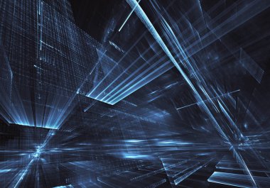 Geleceğin teknolojisi arka plan - 3d görüntü bilgisayar tarafından oluşturulan soyut. Fractal sanat: cam oda ya da ışık efektleri ile gerçeküstü şehrin cadde. Yüksek teknoloji veya sanal gerçeklik kavramı.