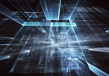 Geleceğin teknolojisi arka plan - 3d görüntü bilgisayar tarafından oluşturulan soyut. Fractal sanat: cam oda ya da ışık efektleri ile gerçeküstü şehrin cadde. Yüksek teknoloji veya sanal gerçeklik kavramı.