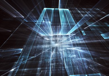 Geleceğin teknolojisi arka plan - 3d görüntü bilgisayar tarafından oluşturulan soyut. Fractal sanat: cam oda ya da ışık efektleri ile gerçeküstü şehrin cadde. Yüksek teknoloji veya sanal gerçeklik kavramı.