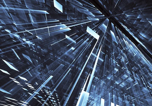 Abstract future technology background - computer-generated 3D image. Fractal art: glass room or street of surreal city with light effects. Hi-tech or virtual reality concept.