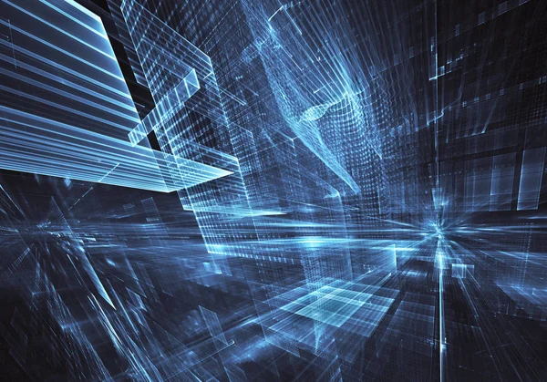 Geleceğin teknolojisi arka plan - 3d görüntü bilgisayar tarafından oluşturulan soyut. Fractal sanat: cam oda ya da ışık efektleri ile gerçeküstü şehrin cadde. Yüksek teknoloji veya sanal gerçeklik kavramı.