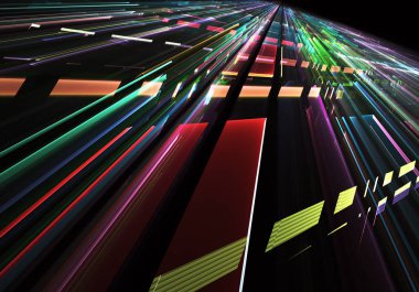 Geleceğin teknolojisi arka plan - 3d görüntü bilgisayar tarafından oluşturulan soyut. Fractal sanat: cam oda ya da ışık efektleri ile gerçeküstü şehrin cadde. Yüksek teknoloji veya sanal gerçeklik kavramı.