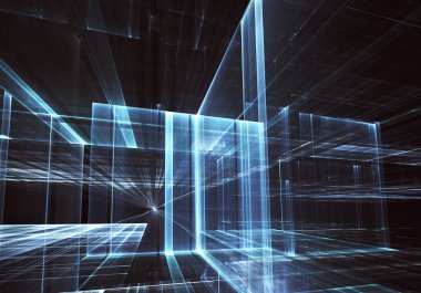 Geleceğin teknolojisi arka plan - 3d görüntü bilgisayar tarafından oluşturulan soyut. Fractal sanat: cam oda ya da ışık efektleri ile gerçeküstü şehrin cadde. Yüksek teknoloji veya sanal gerçeklik kavramı.
