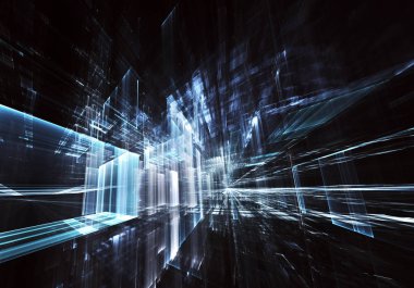 Geleceğin teknolojisi arka plan - 3d görüntü bilgisayar tarafından oluşturulan soyut. Fractal sanat: cam oda ya da ışık efektleri ile gerçeküstü şehrin cadde. Yüksek teknoloji veya sanal gerçeklik kavramı.