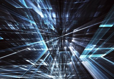 Geleceğin teknolojisi arka plan - 3d görüntü bilgisayar tarafından oluşturulan soyut. Fractal sanat: cam oda ya da ışık efektleri ile gerçeküstü şehrin cadde. Yüksek teknoloji veya sanal gerçeklik kavramı.