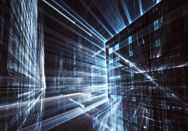 Geleceğin teknolojisi arka plan - 3d görüntü bilgisayar tarafından oluşturulan soyut. Fractal sanat: cam oda ya da ışık efektleri ile gerçeküstü şehrin cadde. Yüksek teknoloji veya sanal gerçeklik kavramı.