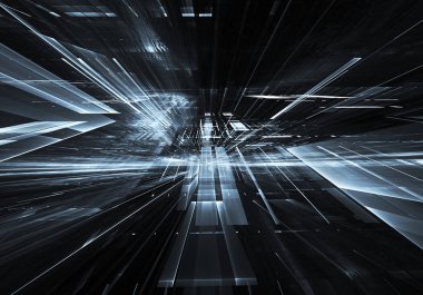 Geleceğin teknolojisi arka plan - 3d görüntü bilgisayar tarafından oluşturulan soyut. Fractal sanat: cam oda ya da ışık efektleri ile gerçeküstü şehrin cadde. Yüksek teknoloji veya sanal gerçeklik kavramı.