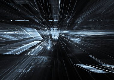 Geleceğin teknolojisi arka plan - 3d görüntü bilgisayar tarafından oluşturulan soyut. Fractal sanat: cam oda ya da ışık efektleri ile gerçeküstü şehrin cadde. Yüksek teknoloji veya sanal gerçeklik kavramı.