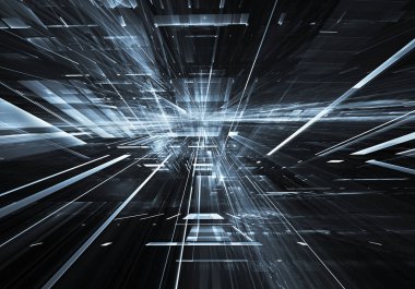 Geleceğin teknolojisi arka plan - 3d görüntü bilgisayar tarafından oluşturulan soyut. Fractal sanat: cam oda ya da ışık efektleri ile gerçeküstü şehrin cadde. Yüksek teknoloji veya sanal gerçeklik kavramı.