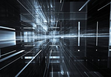 Geleceğin teknolojisi arka plan - 3d görüntü bilgisayar tarafından oluşturulan soyut. Fractal sanat: cam oda ya da ışık efektleri ile gerçeküstü şehrin cadde. Yüksek teknoloji veya sanal gerçeklik kavramı.