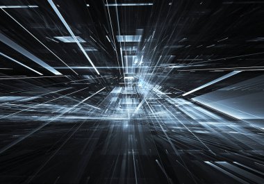 Geleceğin teknolojisi arka plan - 3d görüntü bilgisayar tarafından oluşturulan soyut. Fractal sanat: cam oda ya da ışık efektleri ile gerçeküstü şehrin cadde. Yüksek teknoloji veya sanal gerçeklik kavramı.