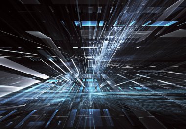 Geleceğin teknolojisi arka plan - 3d görüntü bilgisayar tarafından oluşturulan soyut. Fractal sanat: cam oda ya da ışık efektleri ile gerçeküstü şehrin cadde. Yüksek teknoloji veya sanal gerçeklik kavramı.