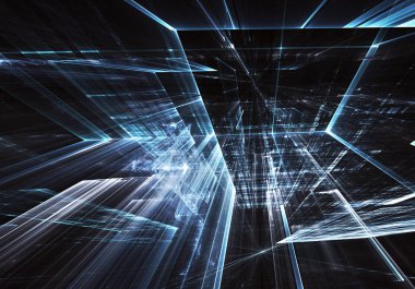 Geleceğin teknolojisi arka plan - 3d görüntü bilgisayar tarafından oluşturulan soyut. Fractal sanat: cam oda ya da ışık efektleri ile gerçeküstü şehrin cadde. Yüksek teknoloji veya sanal gerçeklik kavramı.