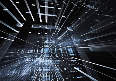 Geleceğin teknolojisi arka plan - 3d görüntü bilgisayar tarafından oluşturulan soyut. Fractal sanat: cam oda ya da ışık efektleri ile gerçeküstü şehrin cadde. Yüksek teknoloji veya sanal gerçeklik kavramı.