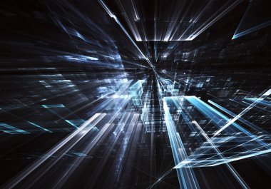 Geleceğin teknolojisi arka plan - 3d görüntü bilgisayar tarafından oluşturulan soyut. Fractal sanat: cam oda ya da ışık efektleri ile gerçeküstü şehrin cadde. Yüksek teknoloji veya sanal gerçeklik kavramı.