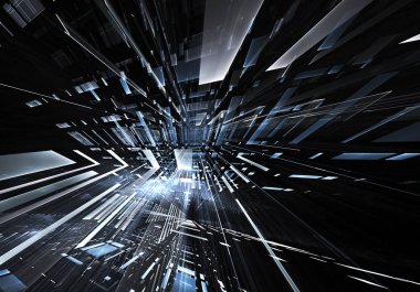 Geleceğin teknolojisi arka plan - 3d görüntü bilgisayar tarafından oluşturulan soyut. Fractal sanat: cam oda ya da ışık efektleri ile gerçeküstü şehrin cadde. Yüksek teknoloji veya sanal gerçeklik kavramı.