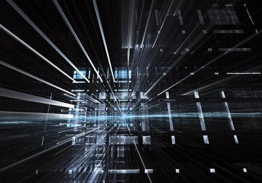 Geleceğin teknolojisi arka plan - 3d görüntü bilgisayar tarafından oluşturulan soyut. Fractal sanat: cam oda ya da ışık efektleri ile gerçeküstü şehrin cadde. Yüksek teknoloji veya sanal gerçeklik kavramı.