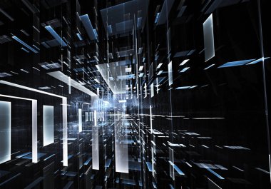 Geleceğin teknolojisi arka plan - 3d görüntü bilgisayar tarafından oluşturulan soyut. Fractal sanat: cam oda ya da ışık efektleri ile gerçeküstü şehrin cadde. Yüksek teknoloji veya sanal gerçeklik kavramı.