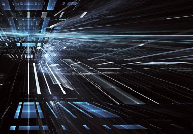 Geleceğin teknolojisi arka plan - 3d görüntü bilgisayar tarafından oluşturulan soyut. Fractal sanat: cam oda ya da ışık efektleri ile gerçeküstü şehrin cadde. Yüksek teknoloji veya sanal gerçeklik kavramı.