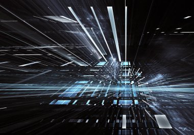 Geleceğin teknolojisi arka plan - 3d görüntü bilgisayar tarafından oluşturulan soyut. Fractal sanat: cam oda ya da ışık efektleri ile gerçeküstü şehrin cadde. Yüksek teknoloji veya sanal gerçeklik kavramı.