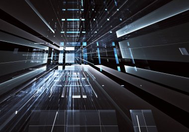 Geleceğin teknolojisi arka plan - 3d görüntü bilgisayar tarafından oluşturulan soyut. Fractal sanat: cam oda ya da ışık efektleri ile gerçeküstü şehrin cadde. Yüksek teknoloji veya sanal gerçeklik kavramı.