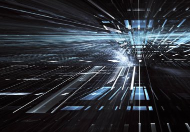 Geleceğin teknolojisi arka plan - 3d görüntü bilgisayar tarafından oluşturulan soyut. Fractal sanat: cam oda ya da ışık efektleri ile gerçeküstü şehrin cadde. Yüksek teknoloji veya sanal gerçeklik kavramı.