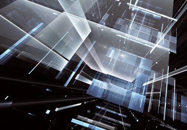Geleceğin teknolojisi arka plan - 3d görüntü bilgisayar tarafından oluşturulan soyut. Fractal sanat: cam oda ya da ışık efektleri ile gerçeküstü şehrin cadde. Yüksek teknoloji veya sanal gerçeklik kavramı.