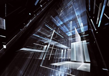 Geleceğin teknolojisi arka plan - 3d görüntü bilgisayar tarafından oluşturulan soyut. Fractal sanat: cam oda ya da ışık efektleri ile gerçeküstü şehrin cadde. Yüksek teknoloji veya sanal gerçeklik kavramı.