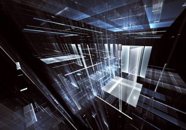 Geleceğin teknolojisi arka plan - 3d görüntü bilgisayar tarafından oluşturulan soyut. Fractal sanat: cam oda ya da ışık efektleri ile gerçeküstü şehrin cadde. Yüksek teknoloji veya sanal gerçeklik kavramı.