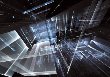 Geleceğin teknolojisi arka plan - 3d görüntü bilgisayar tarafından oluşturulan soyut. Fractal sanat: cam oda ya da ışık efektleri ile gerçeküstü şehrin cadde. Yüksek teknoloji veya sanal gerçeklik kavramı.