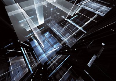 Geleceğin teknolojisi arka plan - 3d görüntü bilgisayar tarafından oluşturulan soyut. Fractal sanat: cam oda ya da ışık efektleri ile gerçeküstü şehrin cadde. Yüksek teknoloji veya sanal gerçeklik kavramı.