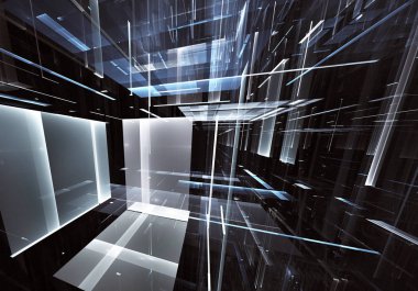 Geleceğin teknolojisi arka plan - 3d görüntü bilgisayar tarafından oluşturulan soyut. Fractal sanat: cam oda ya da ışık efektleri ile gerçeküstü şehrin cadde. Yüksek teknoloji veya sanal gerçeklik kavramı.