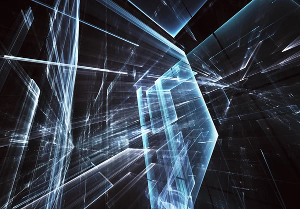 Geleceğin teknolojisi arka plan - 3d görüntü bilgisayar tarafından oluşturulan soyut. Fractal sanat: cam oda ya da ışık efektleri ile gerçeküstü şehrin cadde. Yüksek teknoloji veya sanal gerçeklik kavramı.
