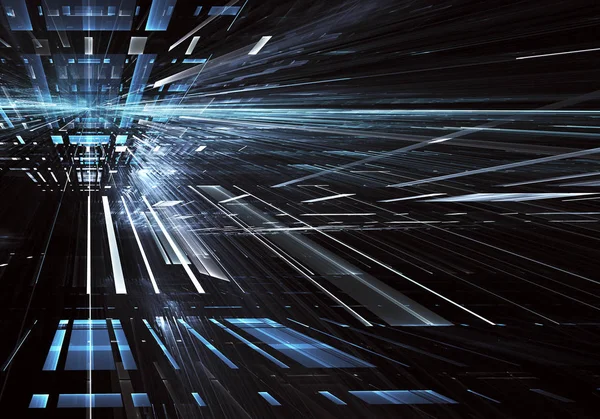 Geleceğin teknolojisi arka plan - 3d görüntü bilgisayar tarafından oluşturulan soyut. Fractal sanat: cam oda ya da ışık efektleri ile gerçeküstü şehrin cadde. Yüksek teknoloji veya sanal gerçeklik kavramı.