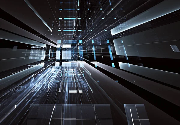 Geleceğin teknolojisi arka plan - 3d görüntü bilgisayar tarafından oluşturulan soyut. Fractal sanat: cam oda ya da ışık efektleri ile gerçeküstü şehrin cadde. Yüksek teknoloji veya sanal gerçeklik kavramı.