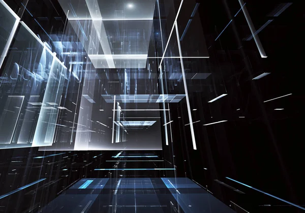 Geleceğin teknolojisi arka plan - 3d görüntü bilgisayar tarafından oluşturulan soyut. Fractal sanat: cam oda ya da ışık efektleri ile gerçeküstü şehrin cadde. Yüksek teknoloji veya sanal gerçeklik kavramı.