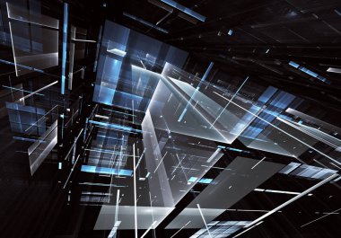 Geleceğin teknolojisi arka plan - 3d görüntü bilgisayar tarafından oluşturulan soyut. Fractal sanat: cam oda ya da ışık efektleri ile gerçeküstü şehrin cadde. Yüksek teknoloji veya sanal gerçeklik kavramı.