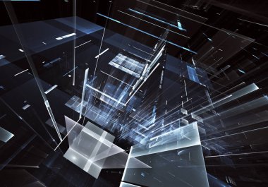 Geleceğin teknolojisi arka plan - 3d görüntü bilgisayar tarafından oluşturulan soyut. Fractal sanat: cam oda ya da ışık efektleri ile gerçeküstü şehrin cadde. Yüksek teknoloji veya sanal gerçeklik kavramı.