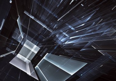 Geleceğin teknolojisi arka plan - 3d görüntü bilgisayar tarafından oluşturulan soyut. Fractal sanat: cam oda ya da ışık efektleri ile gerçeküstü şehrin cadde. Yüksek teknoloji veya sanal gerçeklik kavramı.