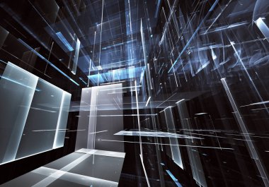 Geleceğin teknolojisi arka plan - 3d görüntü bilgisayar tarafından oluşturulan soyut. Fractal sanat: cam oda ya da ışık efektleri ile gerçeküstü şehrin cadde. Yüksek teknoloji veya sanal gerçeklik kavramı.