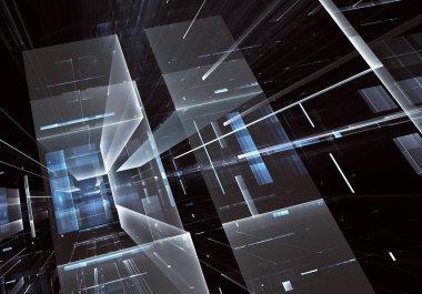 Geleceğin teknolojisi arka plan - 3d görüntü bilgisayar tarafından oluşturulan soyut. Fractal sanat: cam oda ya da ışık efektleri ile gerçeküstü şehrin cadde. Yüksek teknoloji veya sanal gerçeklik kavramı.