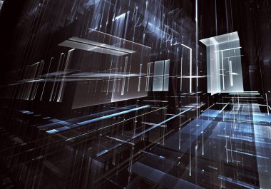 Geleceğin teknolojisi arka plan - 3d görüntü bilgisayar tarafından oluşturulan soyut. Fractal sanat: cam oda ya da ışık efektleri ile gerçeküstü şehrin cadde. Yüksek teknoloji veya sanal gerçeklik kavramı.