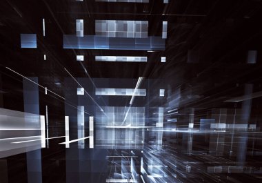 Geleceğin teknolojisi arka plan - 3d görüntü bilgisayar tarafından oluşturulan soyut. Fractal sanat: cam oda ya da ışık efektleri ile gerçeküstü şehrin cadde. Yüksek teknoloji veya sanal gerçeklik kavramı.