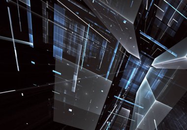 Geleceğin teknolojisi arka plan - 3d görüntü bilgisayar tarafından oluşturulan soyut. Fractal sanat: cam oda ya da ışık efektleri ile gerçeküstü şehrin cadde. Yüksek teknoloji veya sanal gerçeklik kavramı.