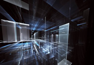 Geleceğin teknolojisi arka plan - 3d görüntü bilgisayar tarafından oluşturulan soyut. Fractal sanat: cam oda ya da ışık efektleri ile gerçeküstü şehrin cadde. Yüksek teknoloji veya sanal gerçeklik kavramı.