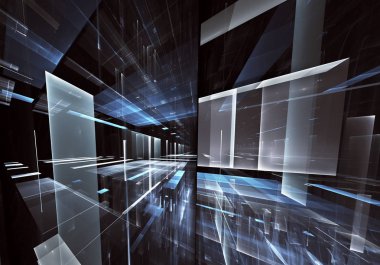 Geleceğin teknolojisi arka plan - 3d görüntü bilgisayar tarafından oluşturulan soyut. Fractal sanat: cam oda ya da ışık efektleri ile gerçeküstü şehrin cadde. Yüksek teknoloji veya sanal gerçeklik kavramı.