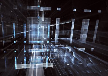Geleceğin teknolojisi arka plan - 3d görüntü bilgisayar tarafından oluşturulan soyut. Fractal sanat: cam oda ya da ışık efektleri ile gerçeküstü şehrin cadde. Yüksek teknoloji veya sanal gerçeklik kavramı.