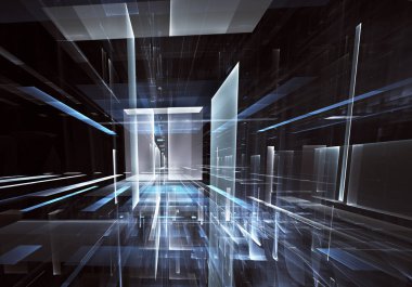 Geleceğin teknolojisi arka plan - 3d görüntü bilgisayar tarafından oluşturulan soyut. Fractal sanat: cam oda ya da ışık efektleri ile gerçeküstü şehrin cadde. Yüksek teknoloji veya sanal gerçeklik kavramı.